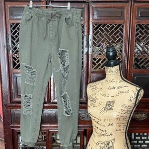 Distressed Jogger Jeans - Drawstring Waist